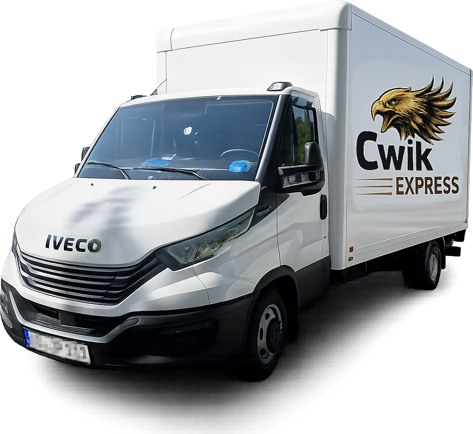 Weißer IVECO Daily Koffer-LKW mit Ladebordwand und CWIK EXPRESS Branding